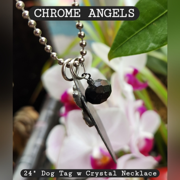 CHROME HEARTS Purple Pendant Rhinestones Fleur de Lis Silver Crystal Dog Tag 24" - Picture 10 of 16